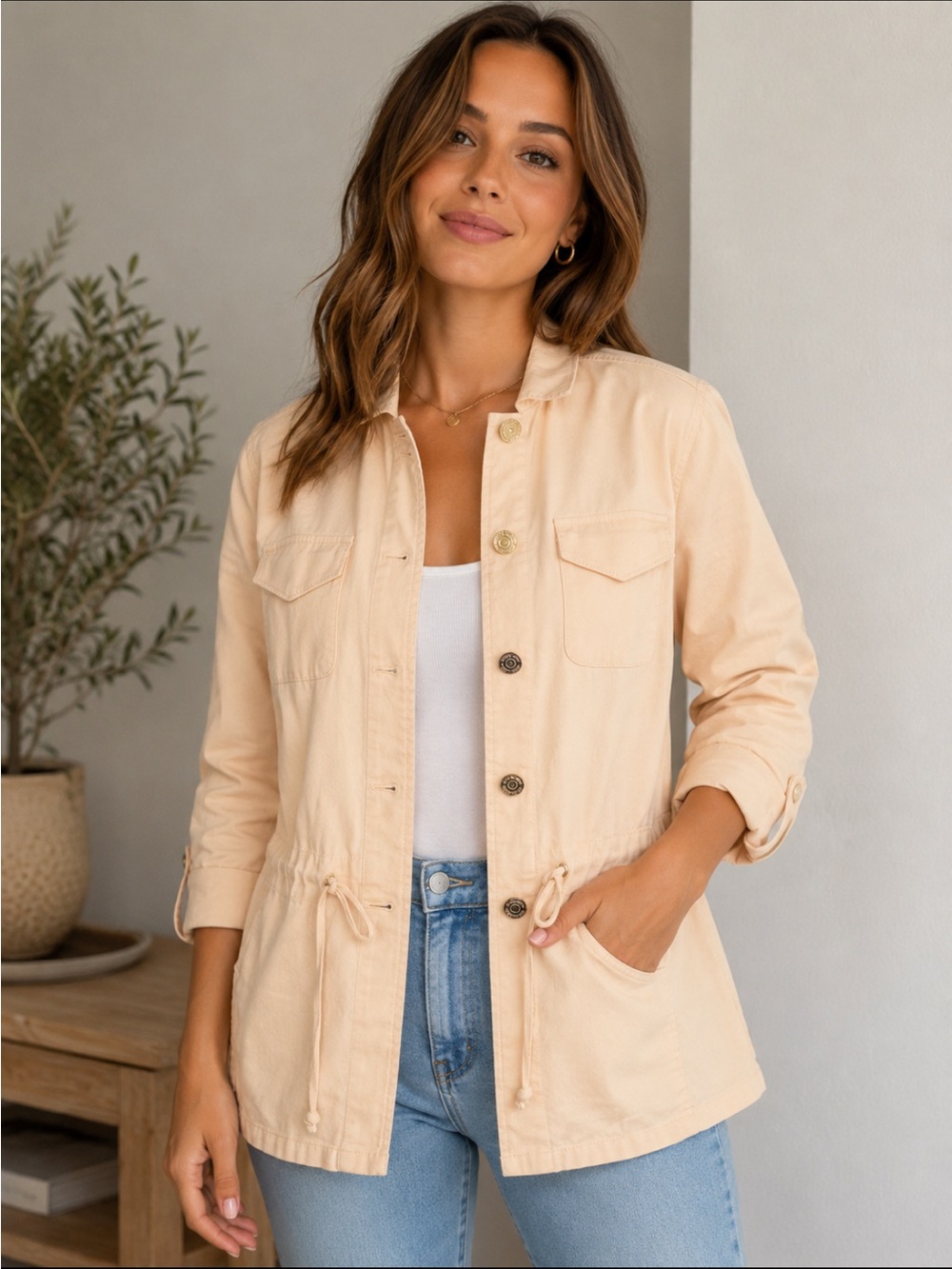 White House Black Market Light Peach Drawstring Utility Jacket